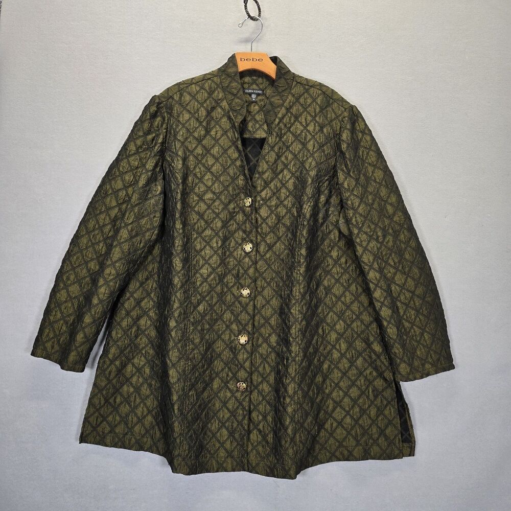 Eileen Fisher Textured Diamond Blazer Jacket XL Olive Green Boho Quilted